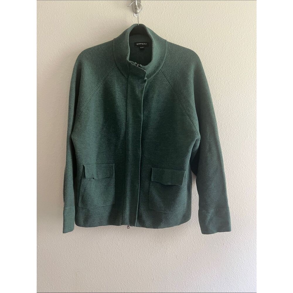 Repeat Merino Wool Zip Front Cardigan Sage Green Quiet Luxury XS/36